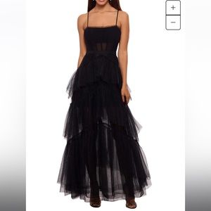 Betsy & Adam Long Corset Tiered Mesh Illusion Gown (black)